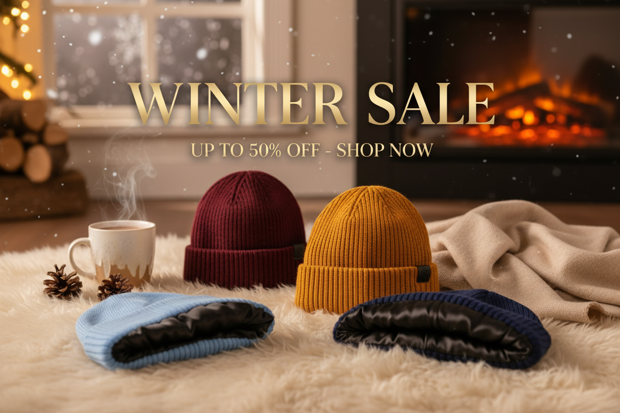 Four beanies in different colors with a cup of coffee on a soft surface, with 'Winter Sale' text overlay.